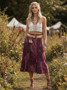 Vintage Paisley Fringe Midi Skirt